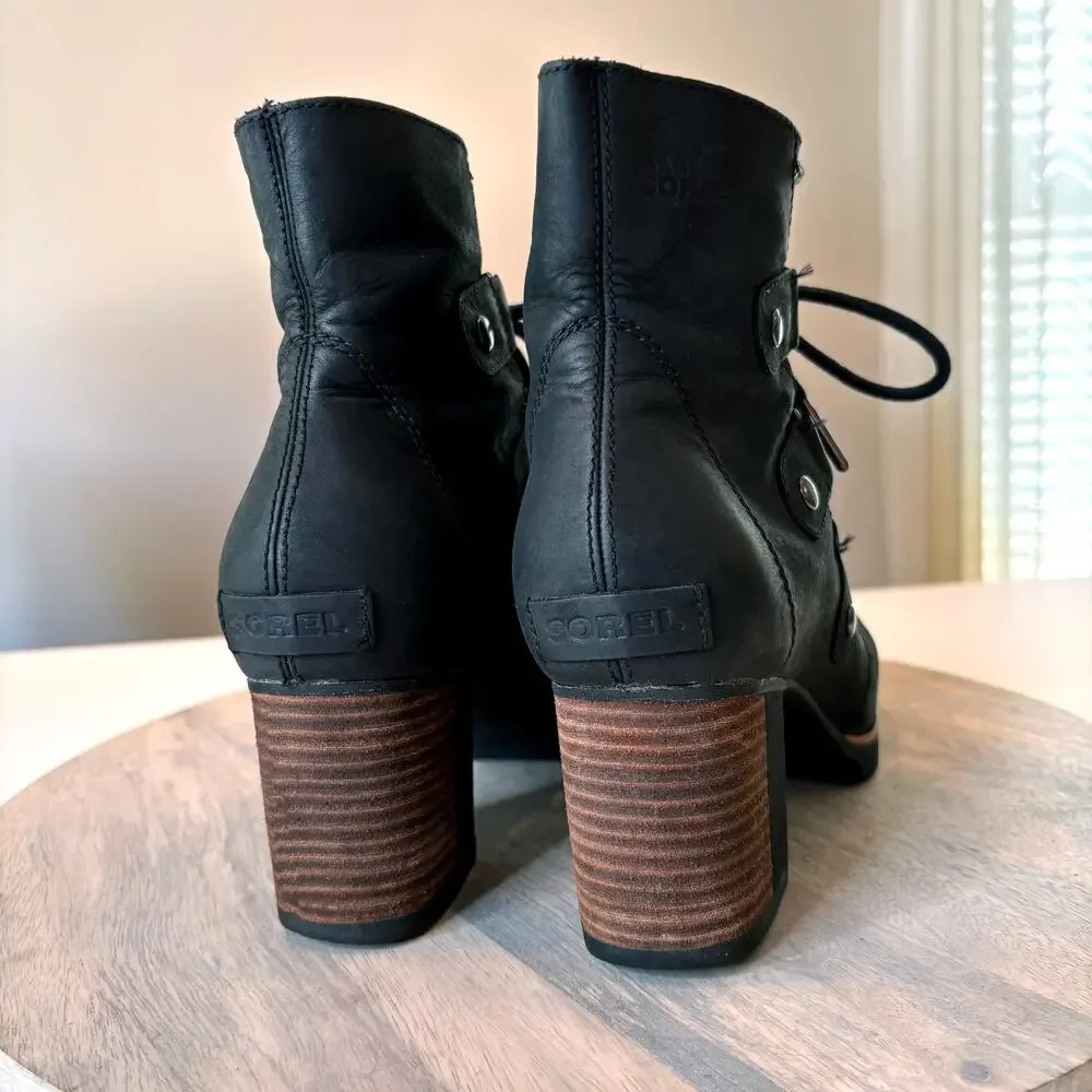 SOREL Addington Boots Women's 8 Black Leather Waterproof Lace Up NL2360-010